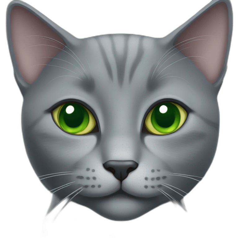 grey russian blue cat with green eyes with big pupils and smiling emoji