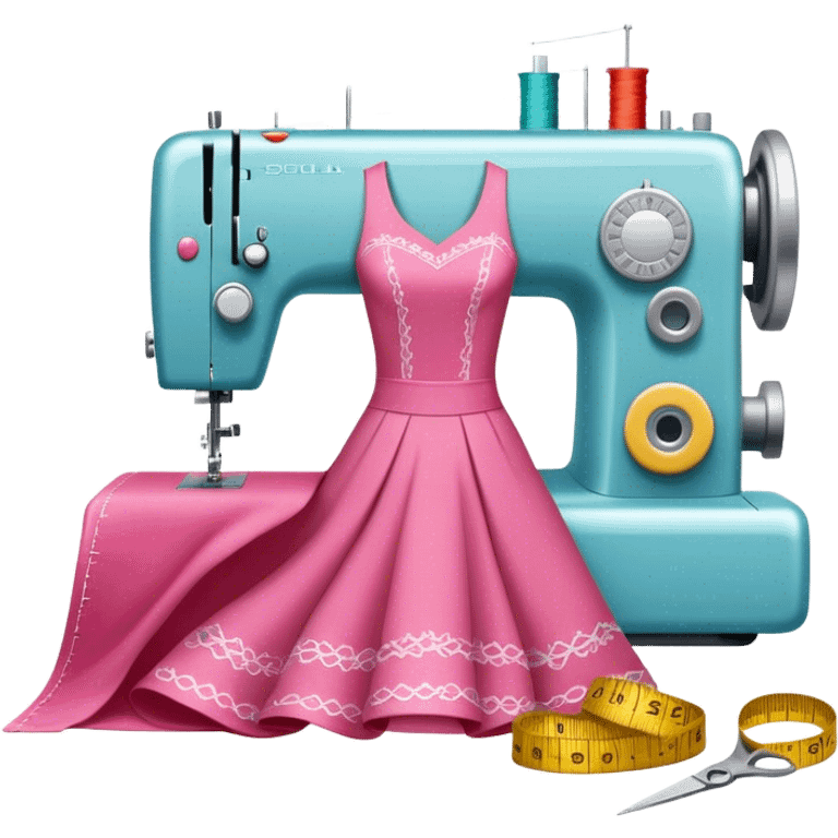 Sewing icon, measuring tape, pins, scissors, and a dress in progress, sewing machine with thread, visible needle, spools of thread, fabric pieces cut according to patterns, minimalistic style, clean lines, transparent background. emoji