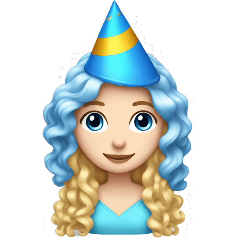 White Girl with blue eyes long spiral curly blonde hair wearing a party hat   emoji