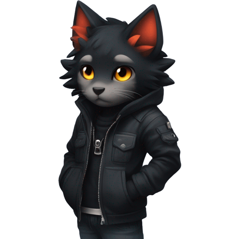 Edgy Shy Anthro Ninja boyish cool pretty dark black Litten-Pokémon-cat-fursona-animal techwear-in love emoji