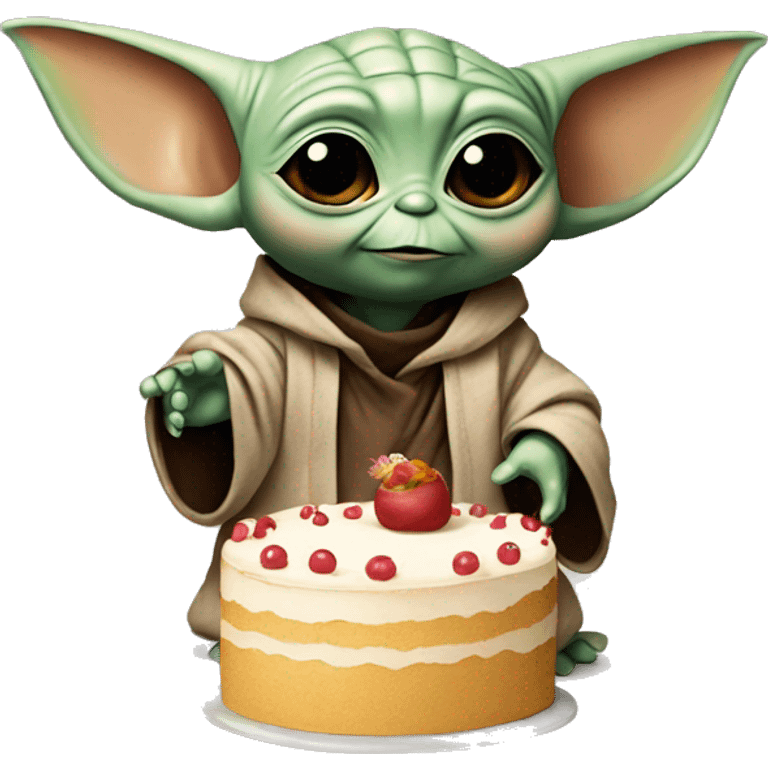 baby yoda holding a cake and a balloon emoji