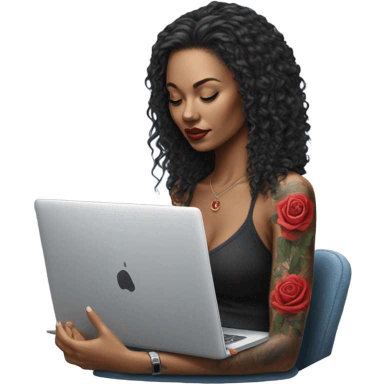 Hyper Realistic beautiful woman model with a small rose tattoo typing on a laptop  emoji