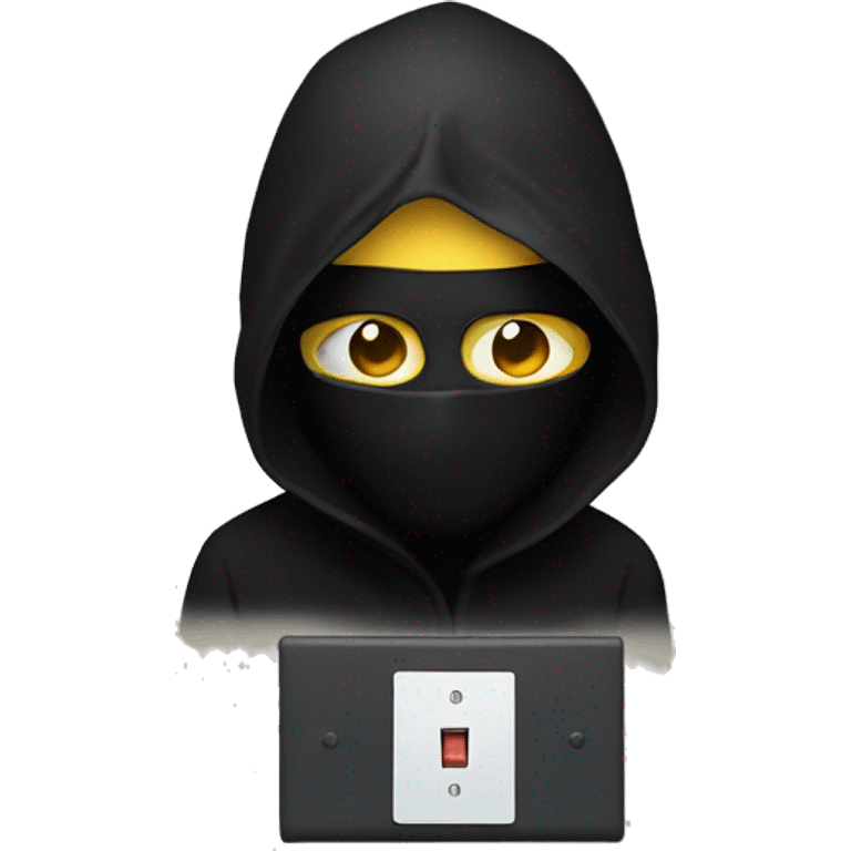 Person with a full black mask on there face holding light switch  emoji