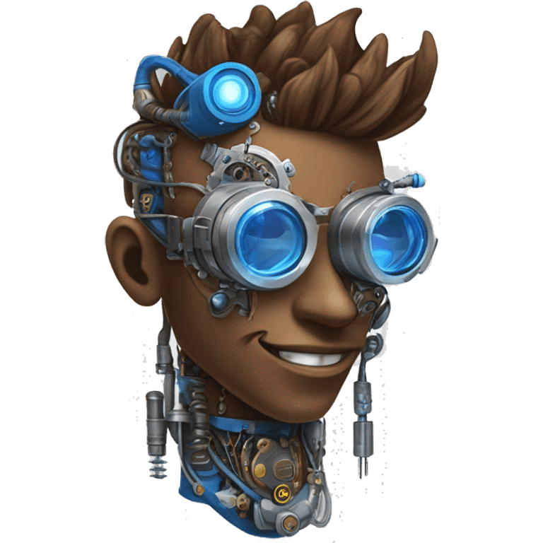 Brown cyborg head with blue Mohawk, blue beard, silver steampunk monocle goggles a smile and circuits emoji