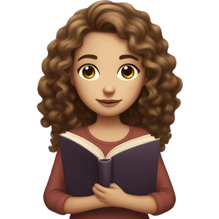 girl with long curly brown hair, she has light, white skin, two moles on her right cheek, brown eyes, holds a book in her hands and reads emoji