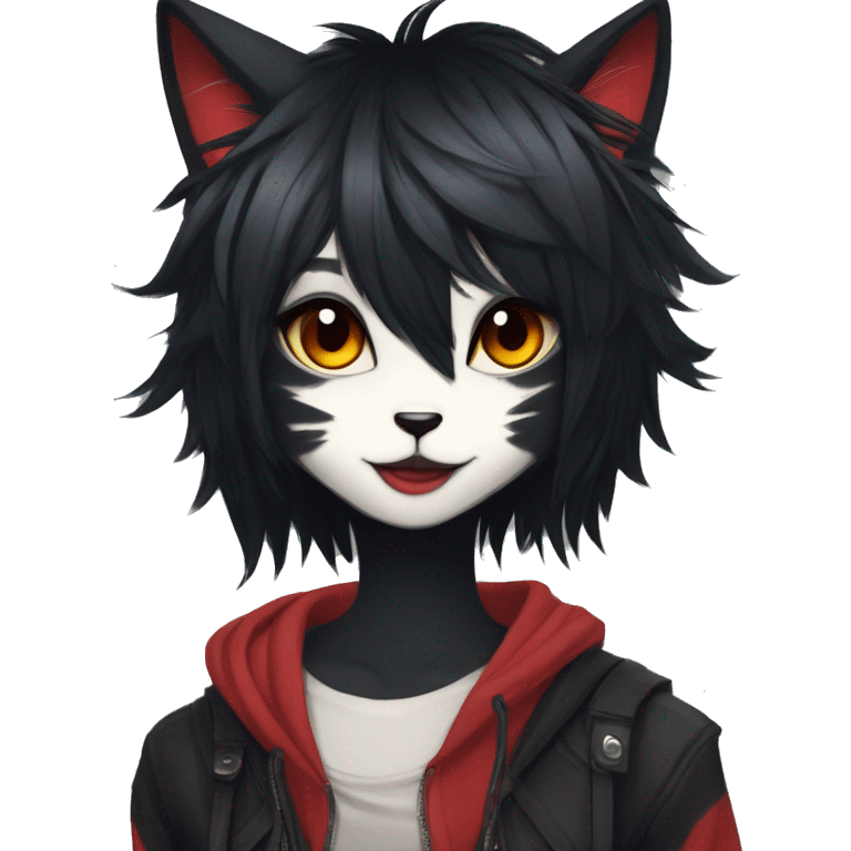 Anthro Edgy Cool Beautiful Black Cat-Fursona with Emo Hair-bangs with Red Streaks emoji