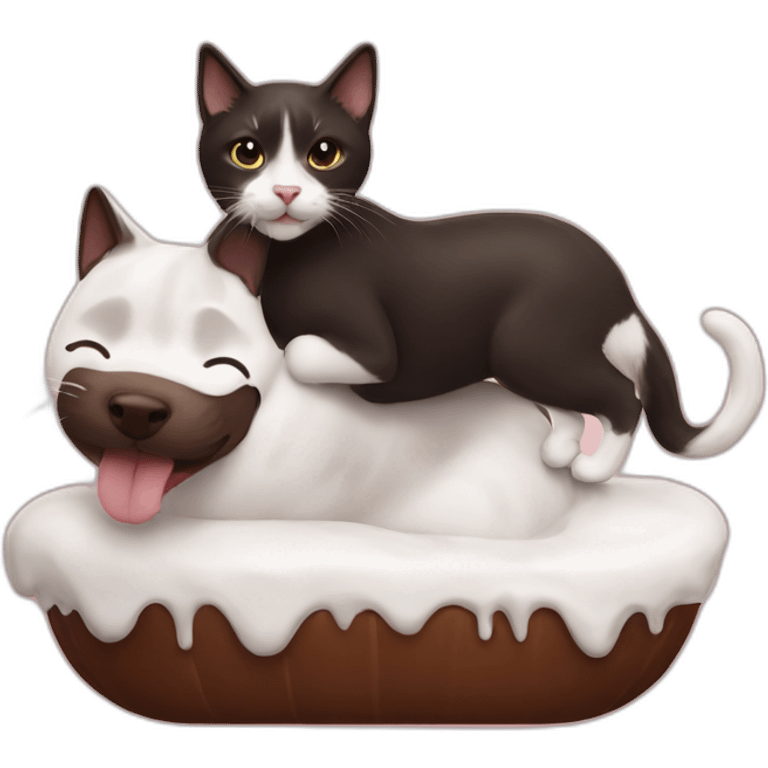 Black and white cat riding chocolate labrador emoji