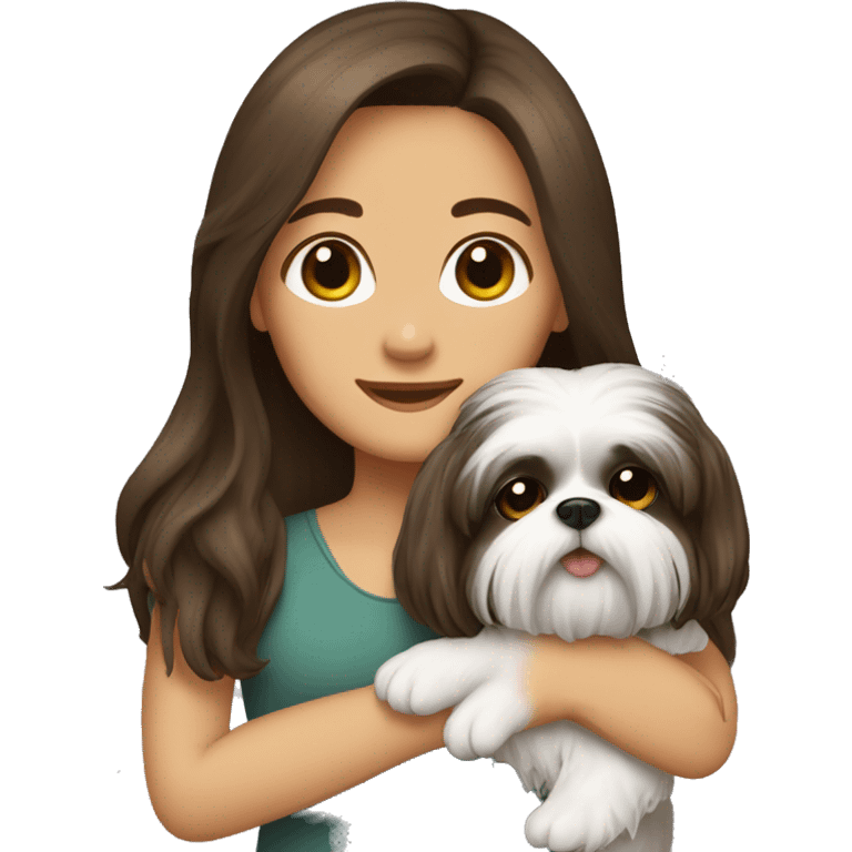 Brunette girl long hair, hugging her Shih tzu emoji