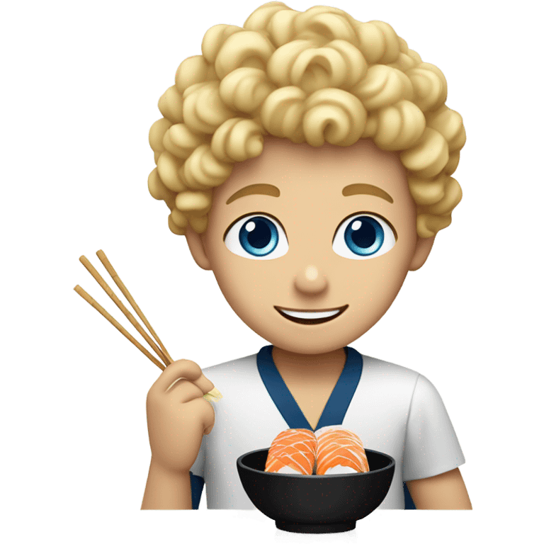 blond boy with curly hair and blue eyes eating sushi emoji