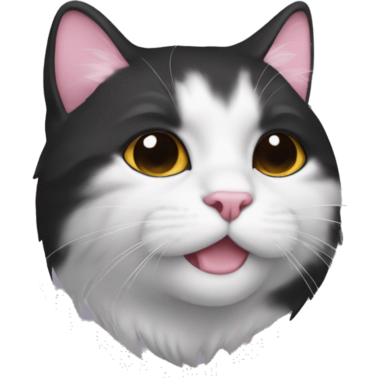 The cat’s face is mostly black with a white stripe between the eyes. The left side of nose is half pink and the right side is half black. White fur widens around the left mouth, covering the chin, while the right face stays black. emoji