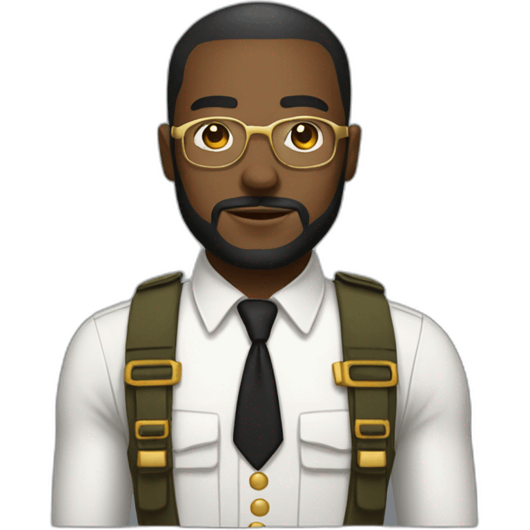 black soldier with beard, part in hair, white collared shirt, bow tie, gold glasses, bulletproof vest  emoji