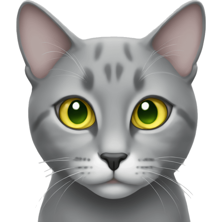 grey cat with green-yellow eyes, lop-eared emoji