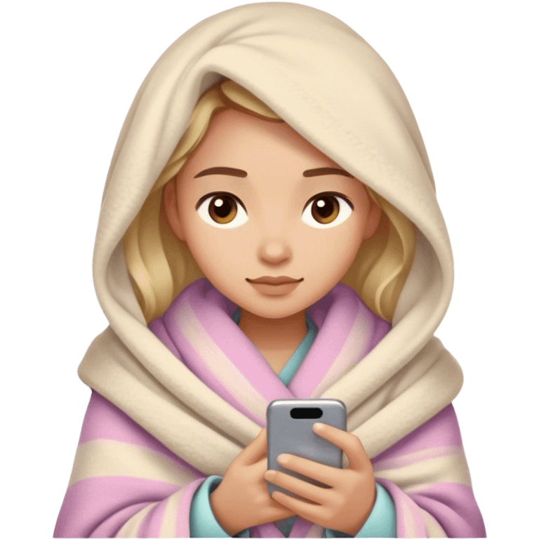 Create an emoji in Apple's iOS emoji style: a young woman wrapped in a cozy blanket, comfortably holding and looking at her smartphone. She has a neutral, relaxed expression, soft facial features, and minimalistic shading typical for Apple emojis. Colors are warm, pastel, and soothing.
 emoji