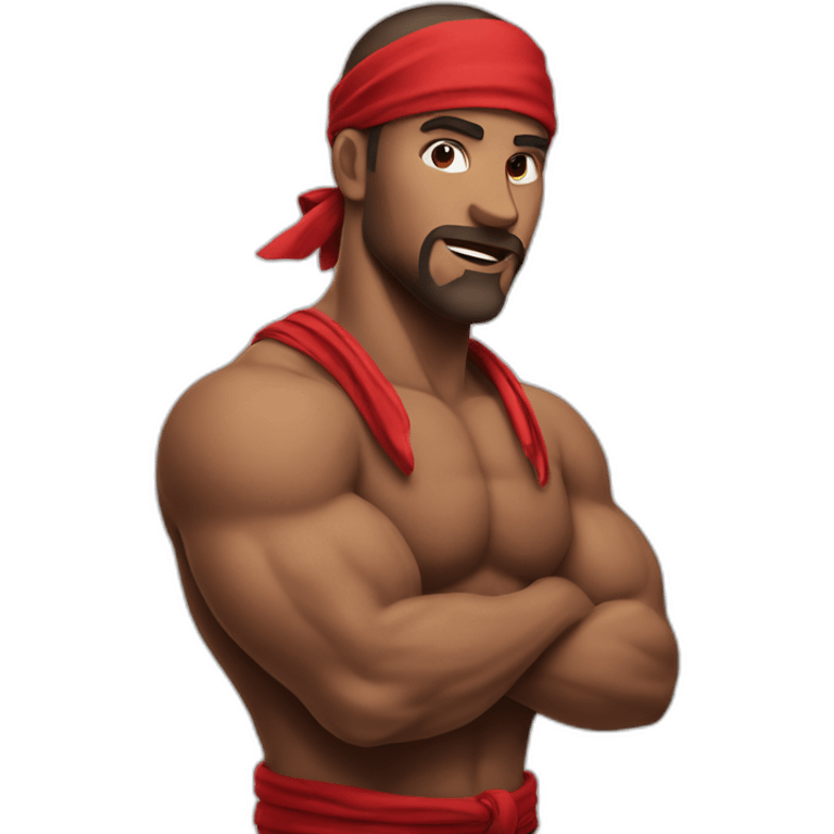 muscular man in red bandana standing sideways turns his head to the viewer,his left hand is bent in the elbow,torso emoji