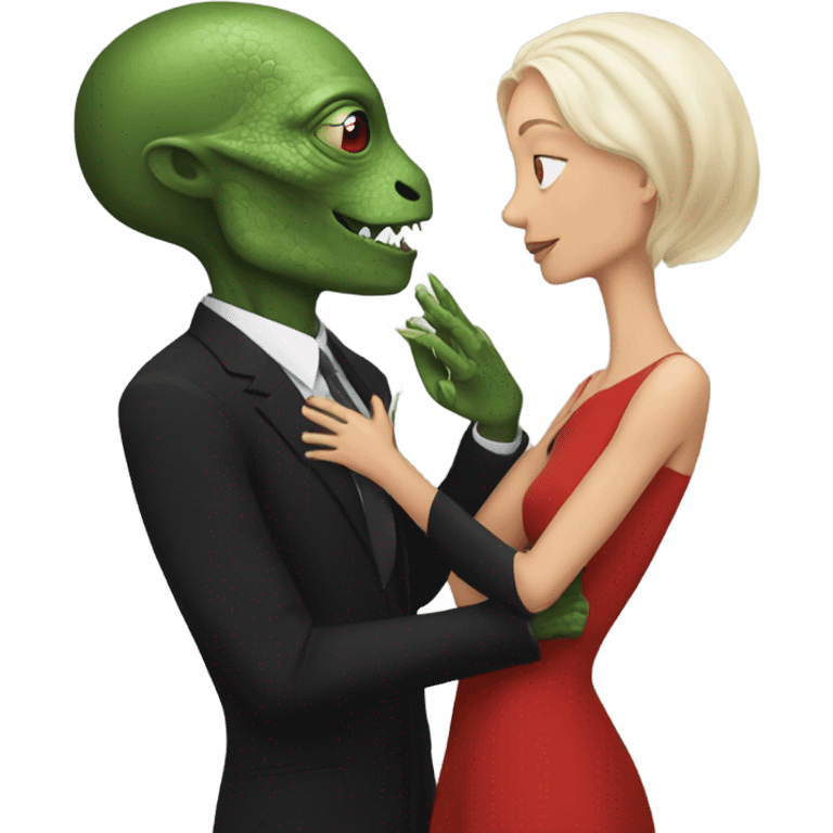 White man in black dress hugs and kissing Alien reptilian woman in red dress  emoji