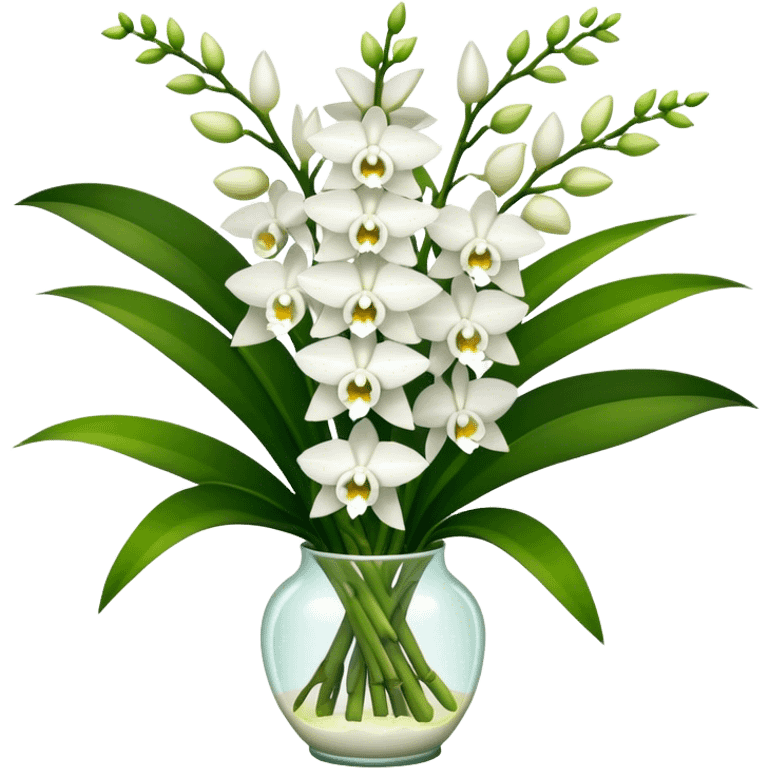 big bouquet white Dendrobium Orchid, stem, leaf emoji