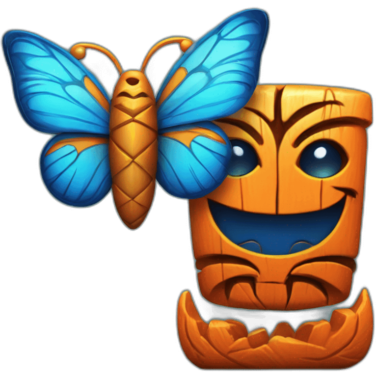 Cartoon Blue and orange smiling tiki with butterfly  emoji