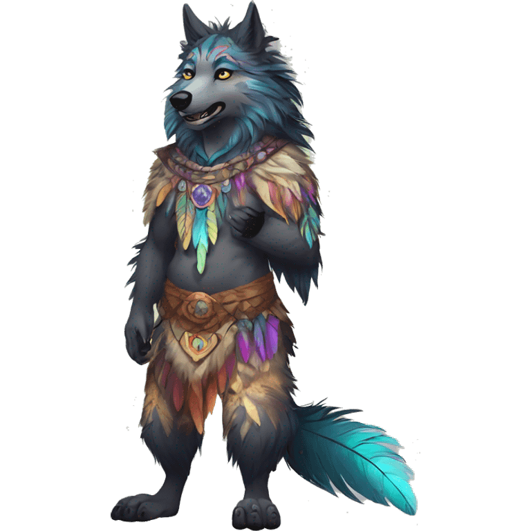 Anthro Fluffy Colorful Shy Spiritual Shamanic WereWolf-sona With Shiny Tribal Markings wearing feathers Full Body emoji