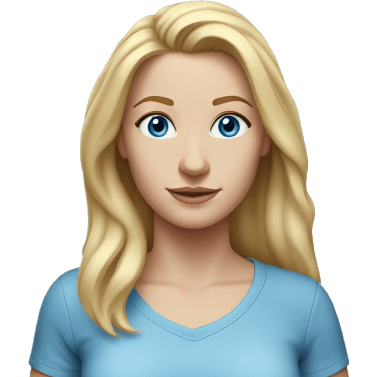 A head and shoulders shot of a 34 year old white woman, with long blonde hair,   with blue eyes wearing a t-shirt. emoji