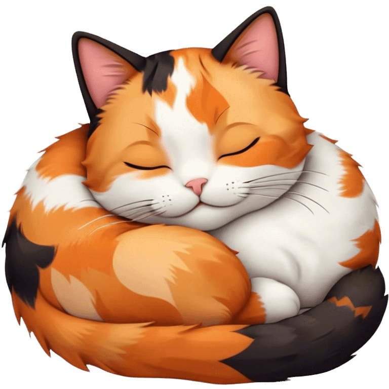 Meme-Worthy Cute Sleeping Calico Cat Portrait Emoji, Head resting peacefully with a content, gentle smile and softly closed eyes, featuring a delicate patchwork fur in vibrant orange, black, and white hues, simplified yet irresistibly endearing, highly detailed, glowing with a soft, drowsy radiance, high shine, exuding relaxed and utterly lovable charm, styled with a gentle, soft glowing outline, capturing the essence of a sleeping calico cat that appears destined to become a viral icon of adorable rest! emoji