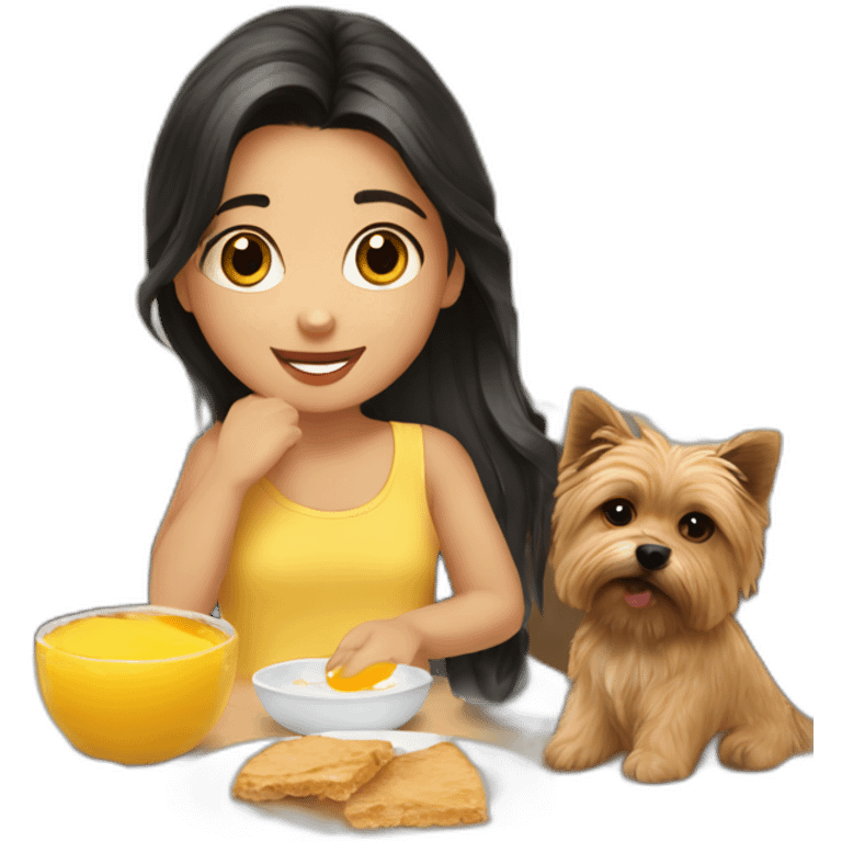 petite girl dark hair making breakfast with norwich terrier emoji