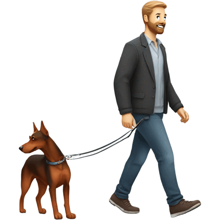 Man with beard walking a red Doberman dog on leash emoji