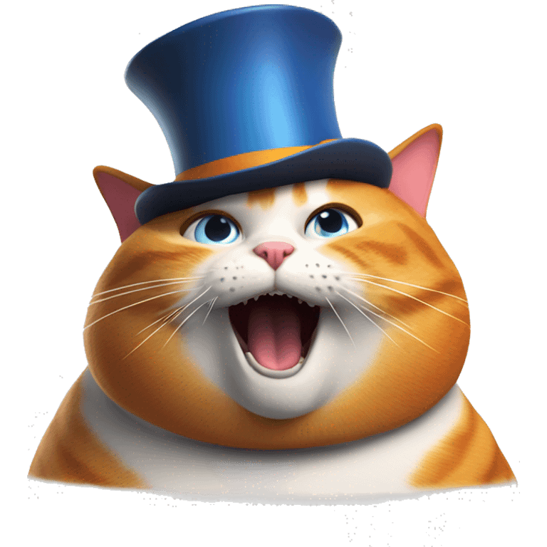 obese cat with a orange and blue tophat and is a ginger and is screaming at fortnite emoji