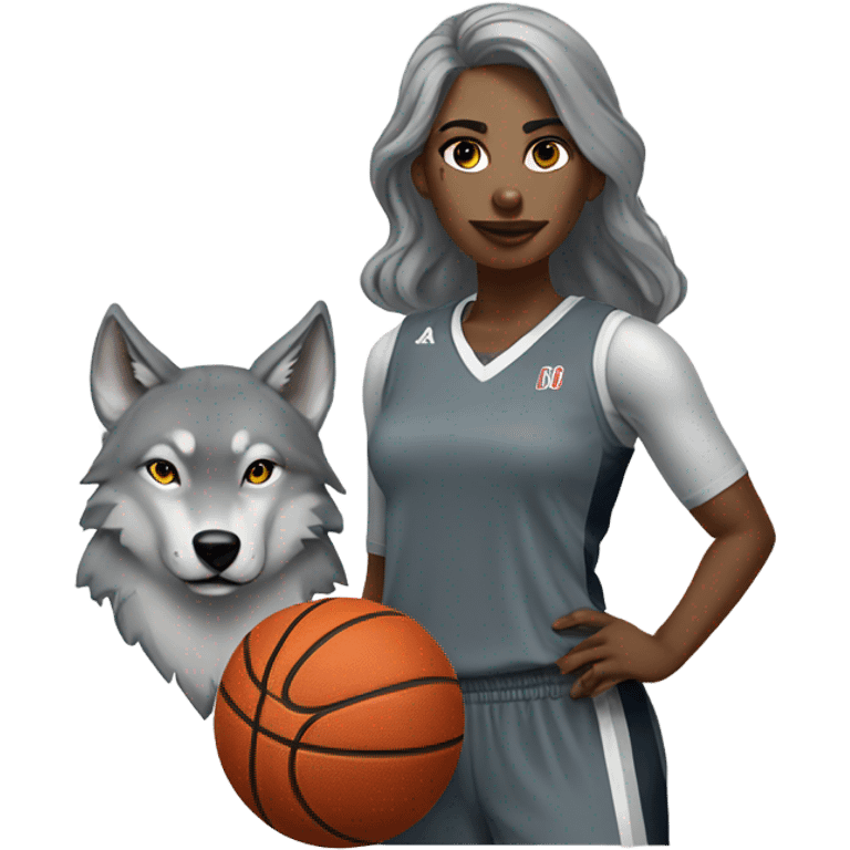 Grey wolf and female grey basketball uniform player number 0 emoji