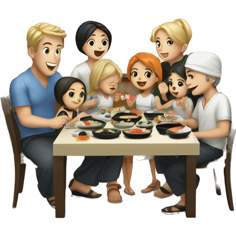 Caucasian family of 7 members eating sushi at kitchen  emoji