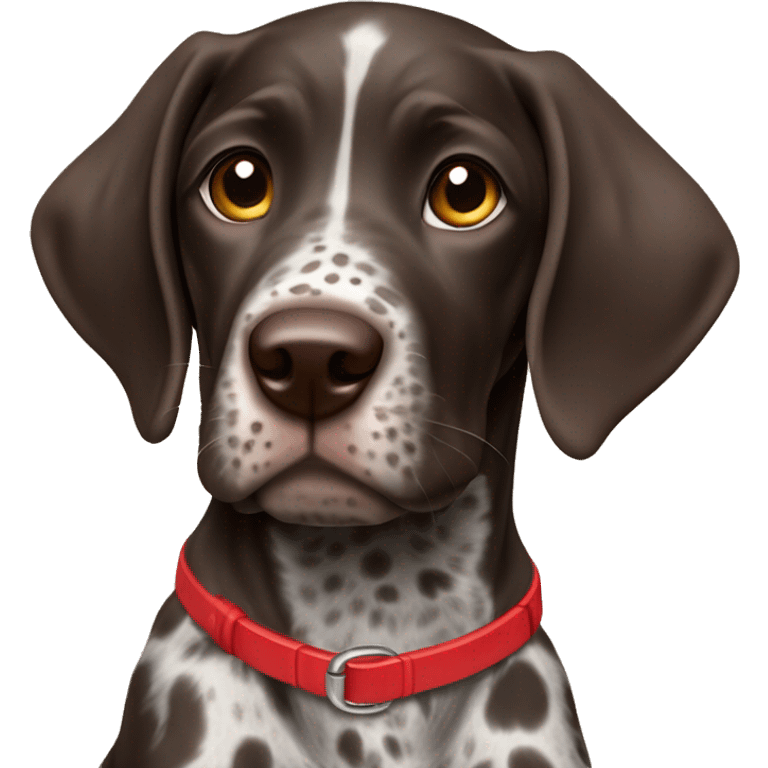 Dark Brown spotted German short haired pointer puppy with ticking with red collar  emoji