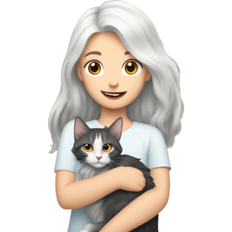 A girl with white hair holds a Maine coon cat in her arms emoji