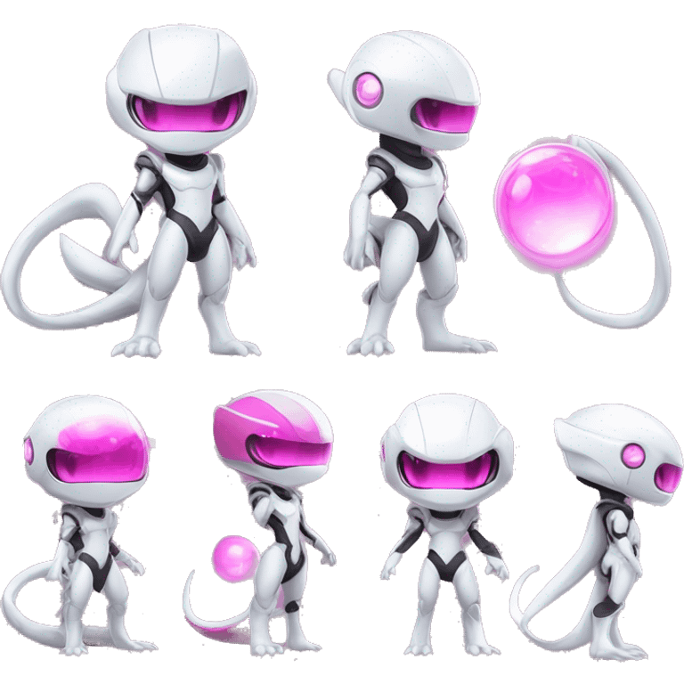 White, Chibi-style, White body, Anthro-Sona-Lizard-Alien-Salazzle-Mew-Mewtwo-Fakémon, with pink eyes, with a futuristic visor-helmet, wearing a techwear-suit, Full Body emoji