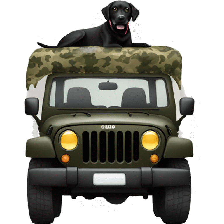 Black Labrador in the back of camo Jeep emoji