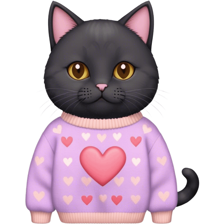 
black british cat in cute pastel sweater with hearts emoji