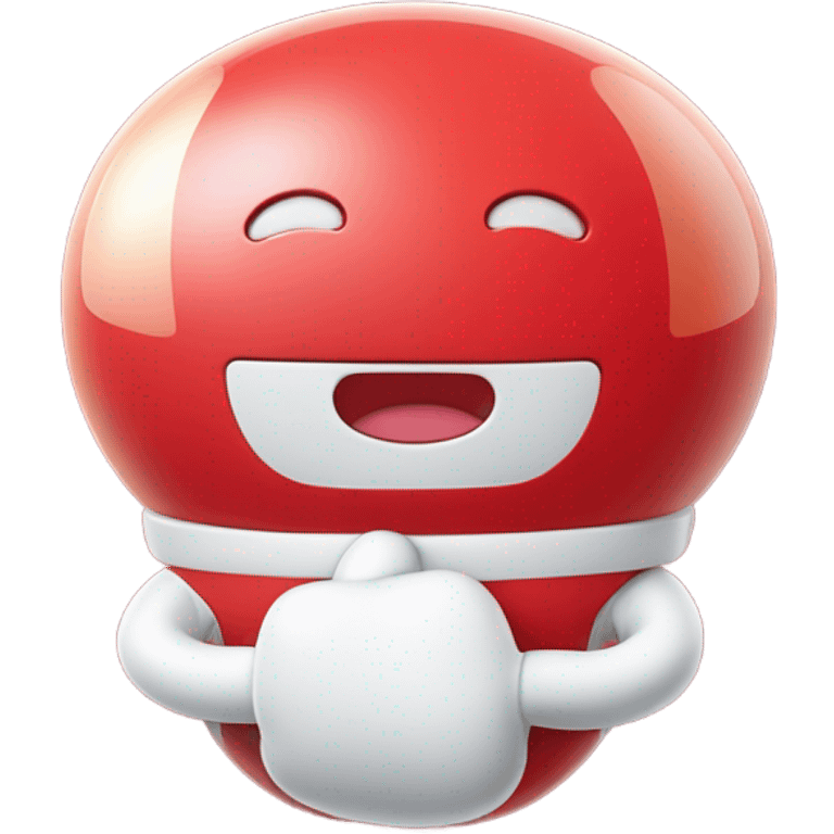 Very shiny full body character with pill capsule head with puffy body and welcoming waving Mickey Mouse arms braun Japanese inspired Anpanman with big boots and antennae red and white colors only emoji