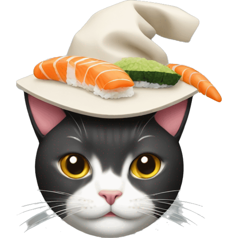 Cat wearing a hat made out of sushi emoji