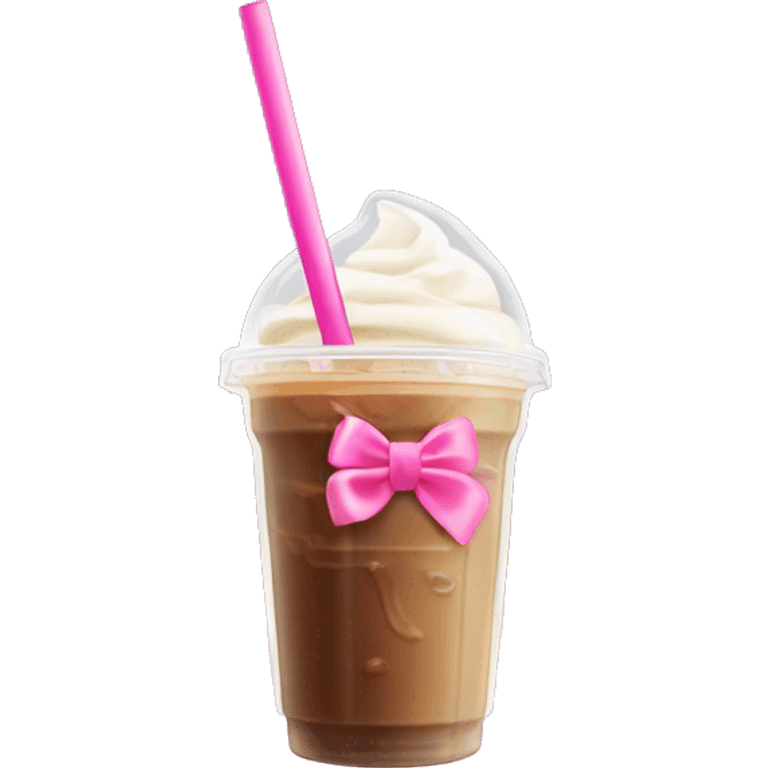 a iced coffee in a plastic up with cream blended in and a pink bow cover on the clear straw  emoji