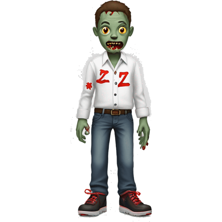 A Zombie With One Shoe On And One Shoe Off Named Zobie With A White School Shirt With Red Accents And With The Letter Z On It And Long Pants. | Photo 1 emoji