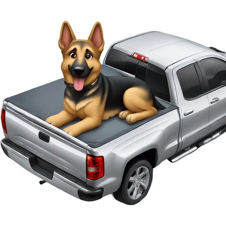 German shepherd riding in the bed of a silver silverado  emoji