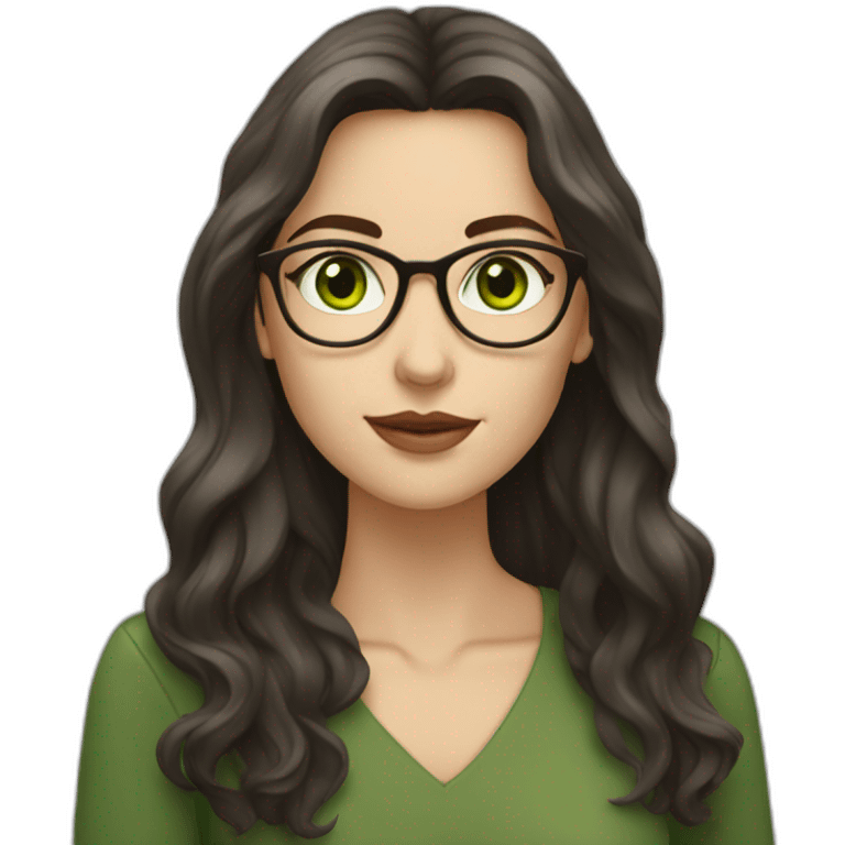 White woman with long dark brown hair and green eyes using glasses writing emoji