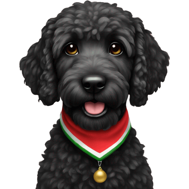 Black golden doodle wearing a Christmas bandana emoji