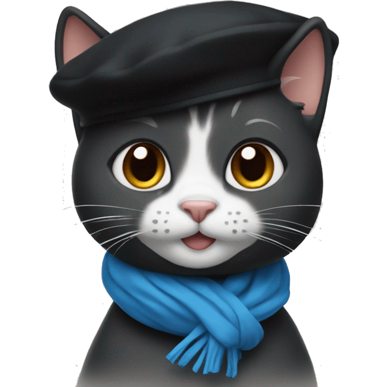 Smiling cat wearing a black beret and a blue scarf emoji