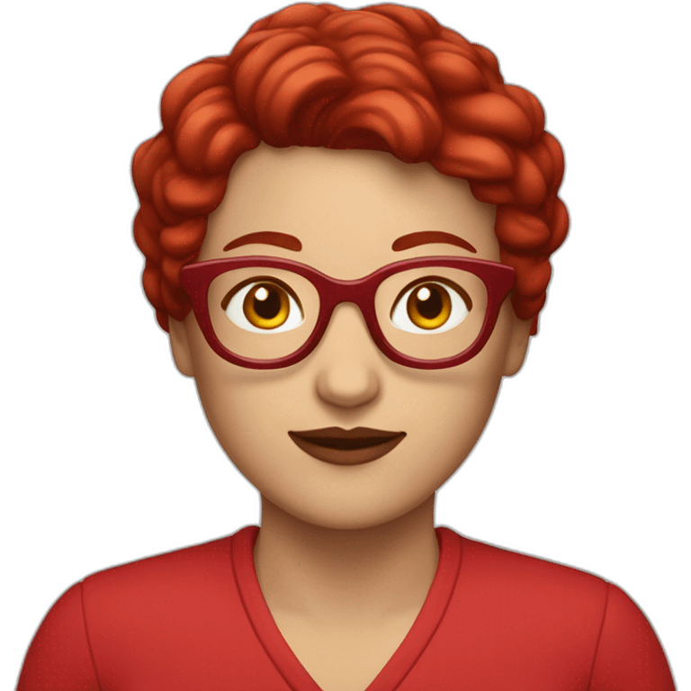 white woman with pixie cut dark red hair and big red glasses wearing red clothes emoji