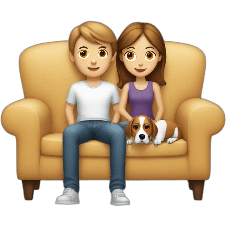 Brown hair White boy and girl with beagle Sit on couch emoji