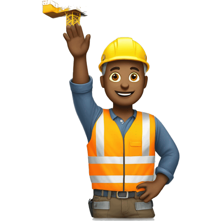 Construction worker waving to camera and standing on top of crane emoji