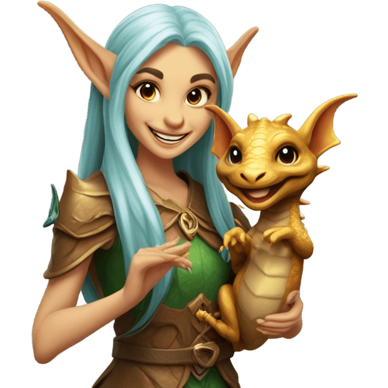 an elf woman holding jolly bronze dragon emoji