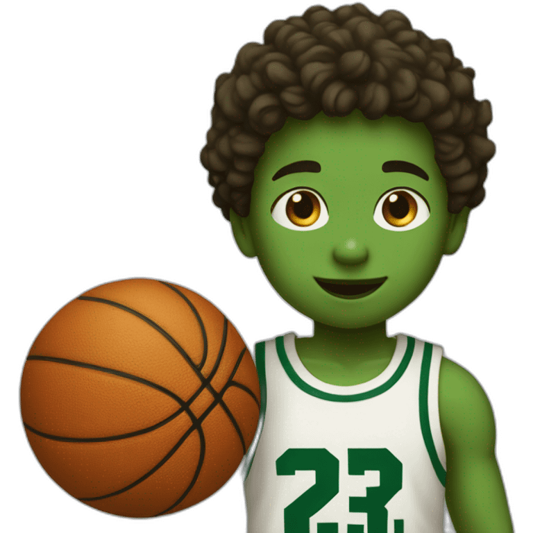 a boy playing basketball with number 3 shirt and the color is green, boy's skin color is white emoji