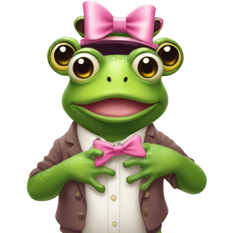 Frog wearing pink bow on head while holding teddybear in his hands emoji