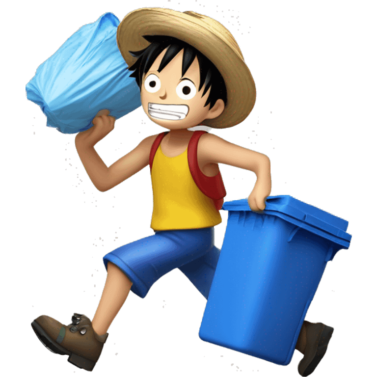 Luffy from one piece taking out his recycling bin, which has a blue body and yellow bin lid. He is wheeling the bin outside emoji