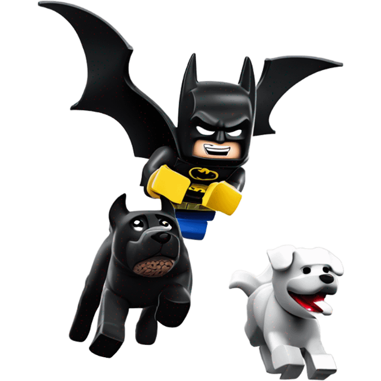 Lego Batman riding a Black lab chasing Superman  emoji